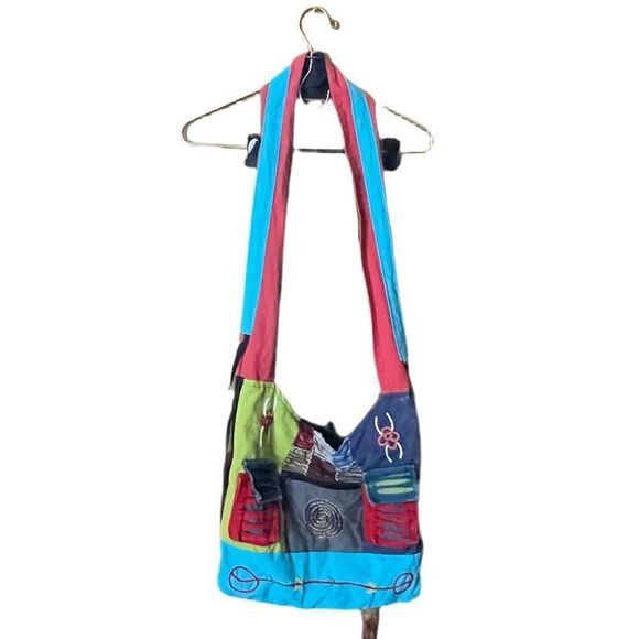 Boho crossbody bag slouchy patchwork distressed cotton bag. - Picture 2 of 4